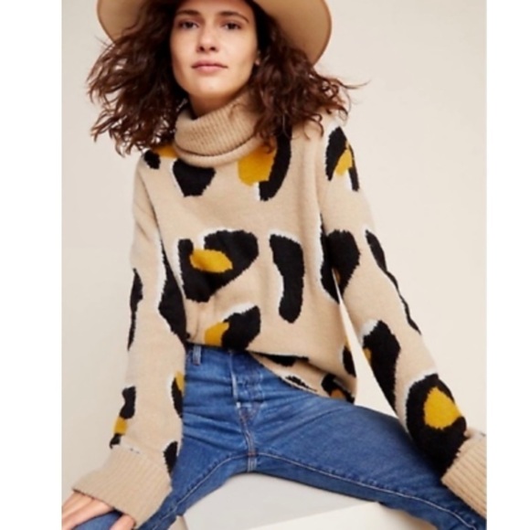 Anthropologie Sz S Georgia Turtleneck Sweater In Leopard Print Tan Acrylic - Picture 2 of 8
